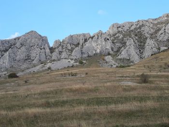 Scenic view of landscape and mountains against clear sky