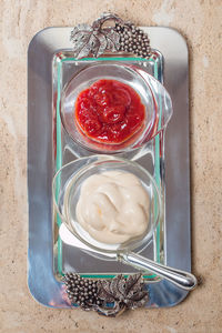 High angle view of dessert in glass on table