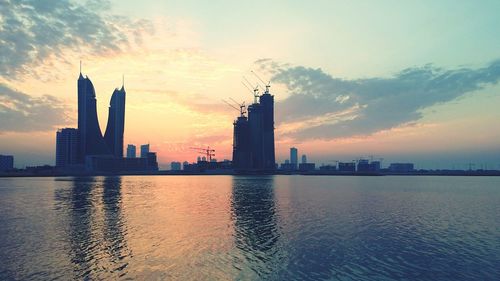 City skyline at sunset