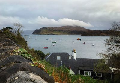 Scenic view of bay against sky