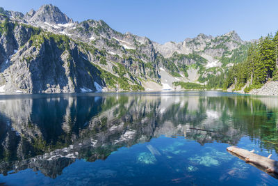 Beautiful placid alpine lake reflecting mountain.