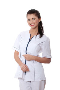 Portrait of a smiling young woman over white background