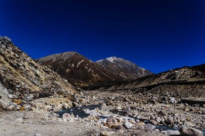 Scenic view of mountains against clear blue sky