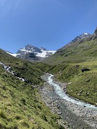 Scenic view of snowcapped mountains against clear blue sky
