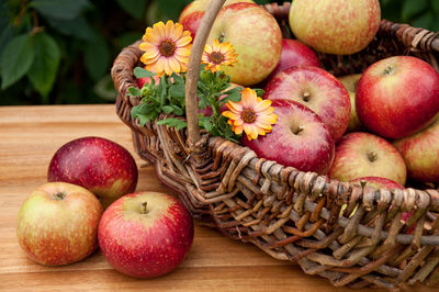 Close-up of apples in basket on table
