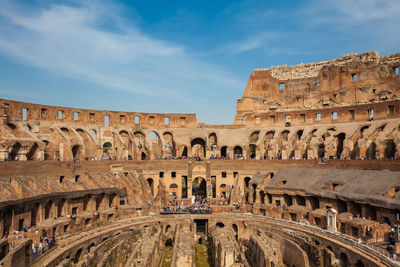 View of the seating areas and the hypogeum of the ancient colosseum in rome