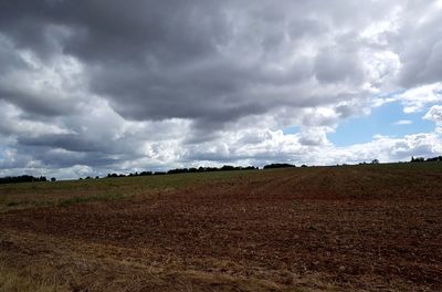 Scenic view of field against cloudy sky