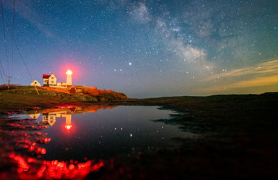 Lighthouse reflecting in water under the milkyway night sky.