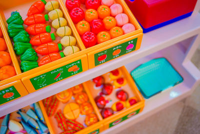 High angle view of multi colored toys