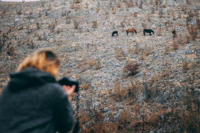 Rear view of people photographing on rock