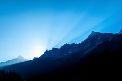 Scenic view of mountains against clear blue sky