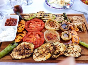 High angle view of grilled vegetables on table