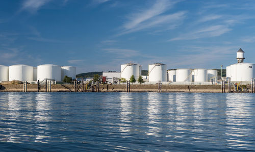 Storage silos,fuel depot of petroleum and gasoline on the banks of the river in western germany