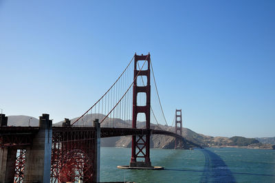 View of suspension bridge against blue sky