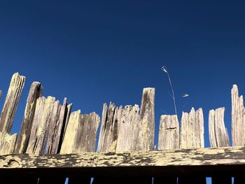 Low angle view of wooden posts against clear blue sky