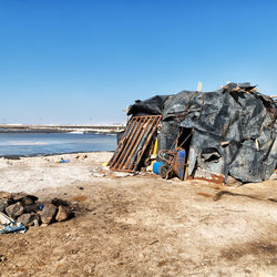 Scenic view of beach against clear blue sky