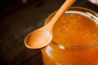 High angle view of honey in jar