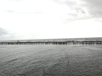 Wooden posts on beach against sky