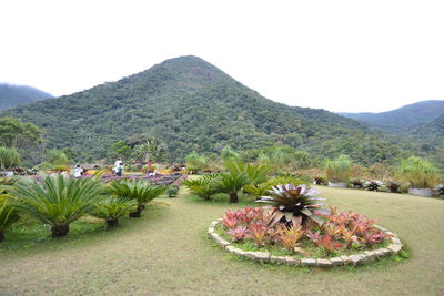 Scenic view of sea and mountains against clear sky