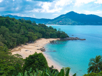 Scenic view of bay against sky