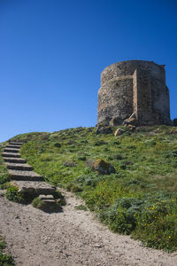 Low angle view of castle against clear blue sky