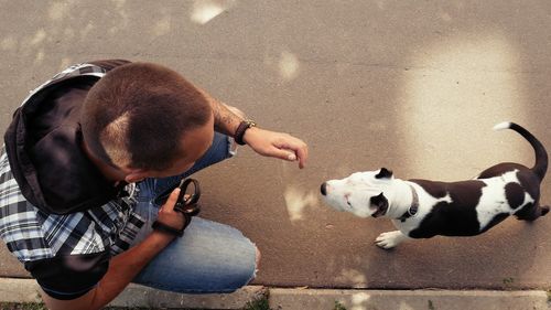 Man with dog crouching on footpath