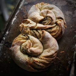 High angle view of mushrooms on table