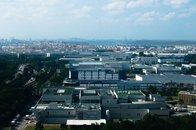 High angle view of buildings in city against sky