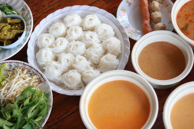 High angle view of breakfast on table