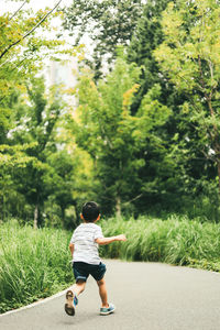 Rear view of boy on road against plants