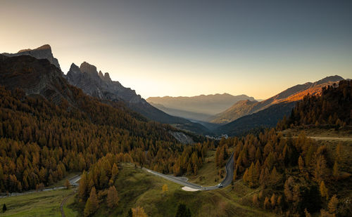 Scenic view of landscape against clear sky during sunrise