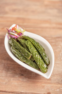 High angle view of salad in plate on table