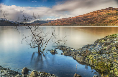 Scenic view of lake and mountains against sky