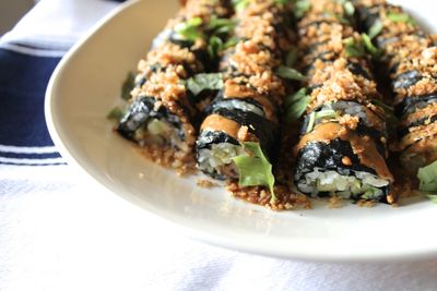 High angle view of sushi in plate