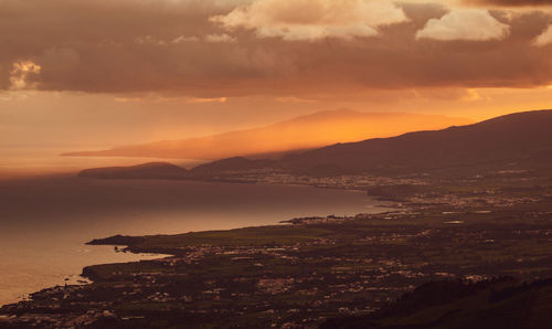 Amazing sunrise, view over the island, azores travel destination, portugal, atlantic ocean.