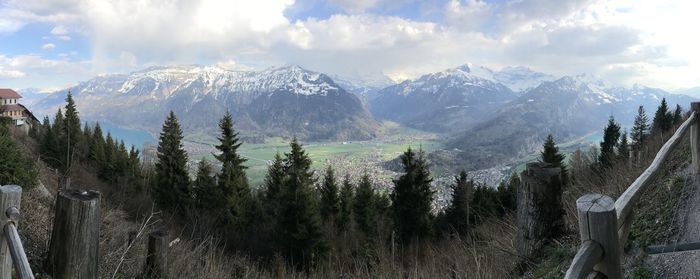 Panoramic view of snowcapped mountains against sky