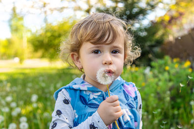 Portrait of cute boy blowing flowers