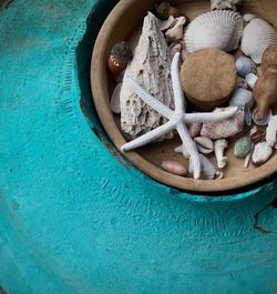 High angle view of bread in bowl on table