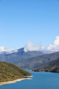 View of zhinvali reservoir, ananuri lake, in autumn with clear sky color , georgia.