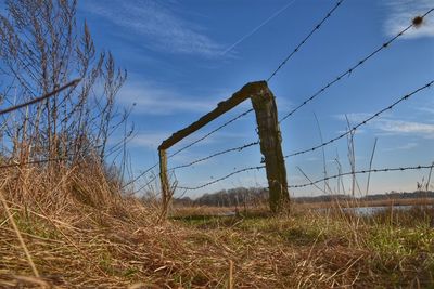 Low angle view of barbed wire against sky