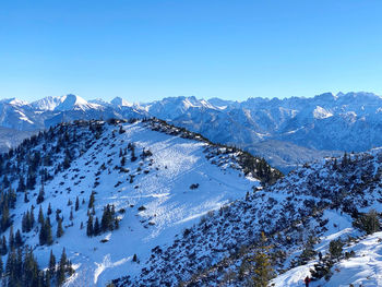 Scenic view of snowcapped mountains against clear blue sky