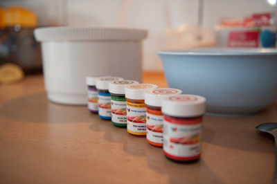 Close-up of medicine bottles on table