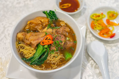 High angle view of food in bowl on table