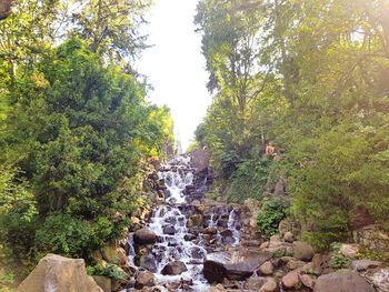 Scenic view of waterfall in forest against sky