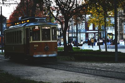 People in bus by trees against sky