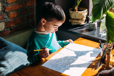 Portrait of a cute happy preschool boy at home or in a cafe draws.