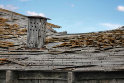 Low angle view of wood against sky