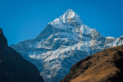 Scenic view of snowcapped mountains against clear blue sky