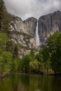 Scenic view of waterfall against sky