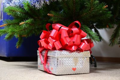 Close-up of gift by christmas tree